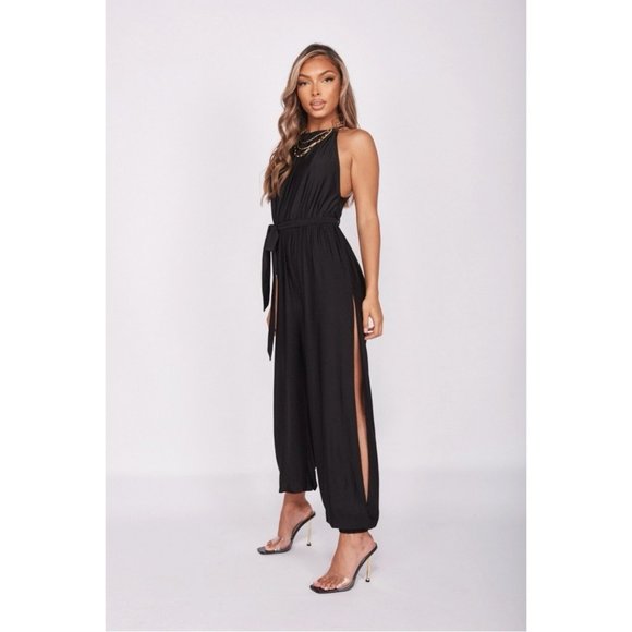 Black Sleeveless Side Slit Loose Fit Belted Jumpsuit Playsuit - Picture 3 of 11